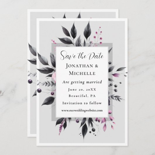 Grijs Roze Bloemen Modern Lijst Bijbel Verse Bruil Save The Date (Voorkant / Achterkant)
