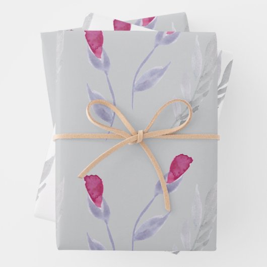 Grijs Roze Bloemen Verjaardag Inpakpapier Vel (In situ)