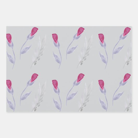 Grijs Roze Bloemen Verjaardag Inpakpapier Vel (Voorkant)