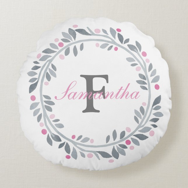 Grijs Roze Bloemendubbel Monogram Elegant  Rond Kussen (Voorkant)