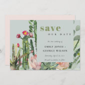GRIJS ROZE BLOEMENWOESTIJN CACTUS LOOF WATERVERF SAVE THE DATE (Voorkant / Achterkant)