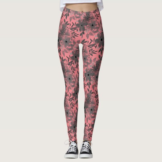 Grijs & Roze  Bloempatroon Leggings (Voorkant)
