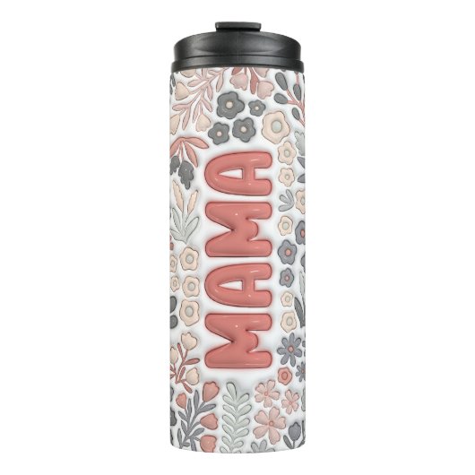 Grijs Roze Boho Bloemen 3D Effect Mama Thermosbeker (Voorkant)