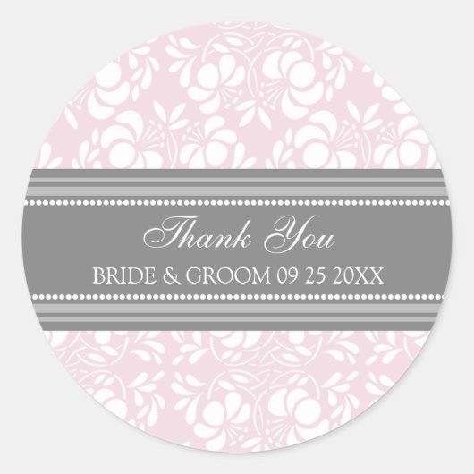 Grijs Roze Damask Dank u bruiloft gunst Labels (Voorkant)
