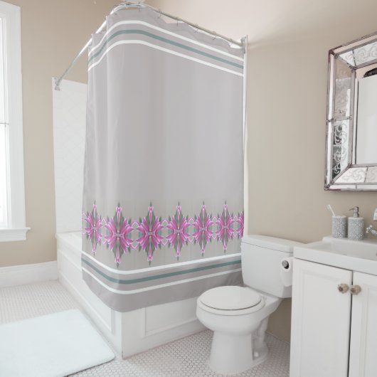 Grijs Roze en Blauwgroen Elegant Ontworpen Douchegordijn (In situ)