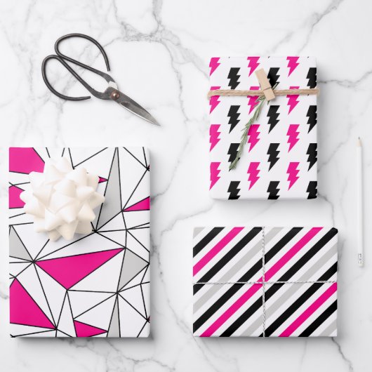 Grijs Roze Geometrie Flash Stripes Inpakpapier Vel (Voorkant)