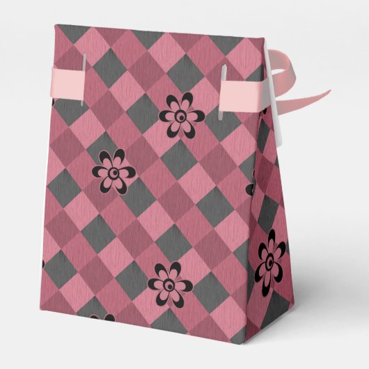 Grijs roze geometrisch geruit patroon met bloemen bedankdoosjes (Achterkant)