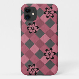 Grijs roze geometrisch geruit patroon met bloemen Case-Mate iPhone case