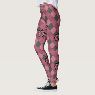Grijs roze geometrisch geruit patroon met bloemen leggings
