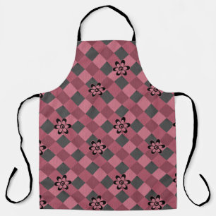 Grijs roze geometrisch geruit patroon met bloemen schort