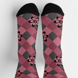 Grijs roze geometrisch geruit patroon met bloemen sokken