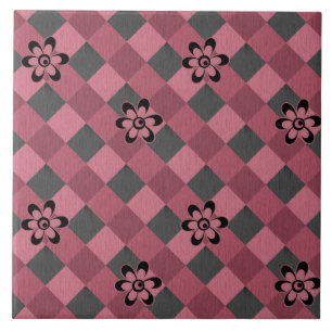 Grijs roze geometrisch geruit patroon met bloemen tegeltje