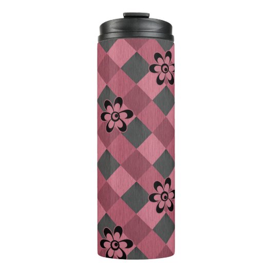 Grijs roze geometrisch geruit patroon met bloemen thermosbeker (Voorkant)