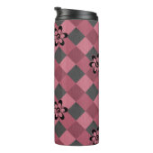 Grijs roze geometrisch geruit patroon met bloemen thermosbeker (Geroteerd rechts)