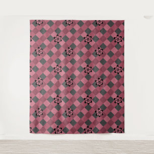 Grijs roze geometrisch geruit patroon met bloemen wandkleed