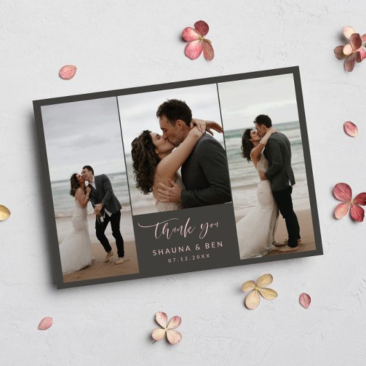 Grijs Roze Gevoerde Rug 3 Foto's Bruiloft Dank u Bedankkaart