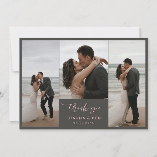 Grijs Roze Gevoerde Rug 3 Foto's Bruiloft Dank u Bedankkaart (Voorkant)