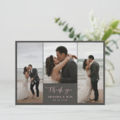 Grijs Roze Gevoerde Rug 3 Foto's Bruiloft Dank u Bedankkaart (Staand voorkant)