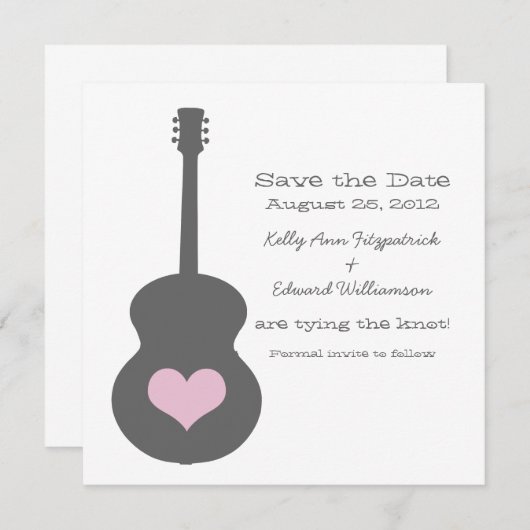 Grijs/Roze gitaar Hart sparen de Datum uitnodigen Save The Date (Voorkant / Achterkant)