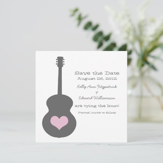 Grijs/Roze gitaar Hart sparen de Datum uitnodigen Save The Date (Staand voorkant)