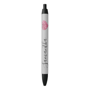 Grijs Roze Glitter Hart Gepersonaliseerde Naam Zwarte Inkt Pen