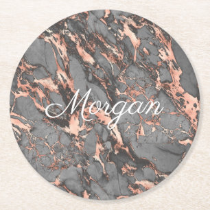 Grijs & Roze Goud Marmer, Witte Script Naam Ronde Kartonnen Onderzetter