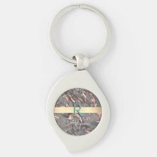 Grijs & Roze Gouden Marmer, Gouden Staaf, Naam & M Sleutelhanger