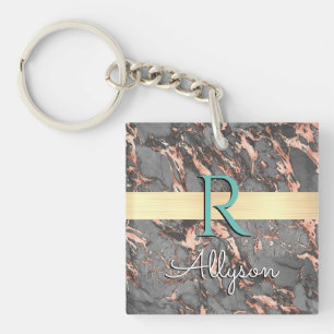 Grijs & Roze Gouden Marmer, Gouden Staaf, Naam & M Sleutelhanger