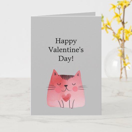 Grijs Roze Hart Kat Kaart (Gele Bloem)