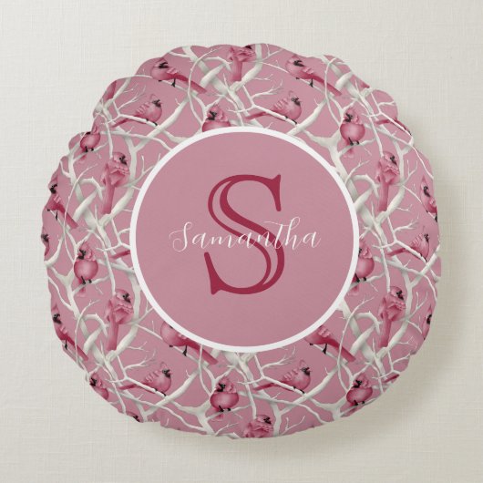 Grijs Roze Kardinaalvogels Persoonlijke Monogram Rond Kussen (Voorkant)