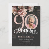 Grijs Roze Lush Bloemen Foto 90ste Verjaardagsfees Kaart (Voorkant)