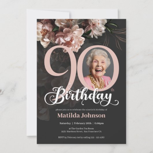 Grijs Roze Lush Bloemen Foto 90ste Verjaardagsfees Kaart (Voorkant)