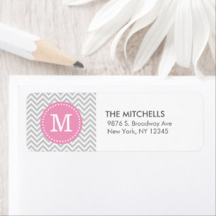 Grijs & Roze Modern Chevron Aangepaste Monogram Etiket