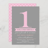 Grijs & Roze Modern Patroon 1 Verjaardag Uitnodigi Kaart (Voorkant / Achterkant)