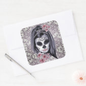 Grijs/Roze Suikerschedel/Dag van de Dode Meisje St Vierkante Sticker (Envelop)