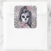 Grijs/Roze Suikerschedel/Dag van de Dode Meisje St Vierkante Sticker (Tas)