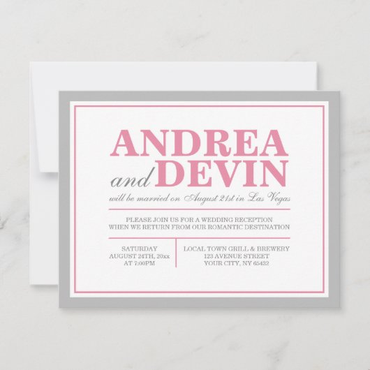 Grijs & Roze Trouwreceptie UITSLUITEND Uitnodiging (Voorkant)