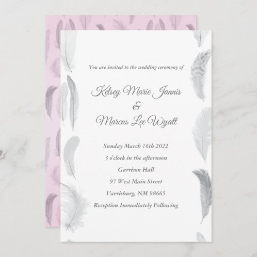 Grijs Roze Veer Trouwen Kaart (Voorkant / Achterkant)
