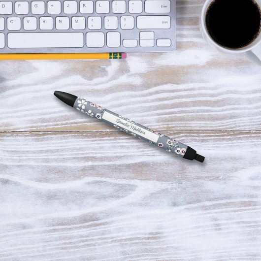Grijs Roze Witte Boheemse Bloemrijke Ditsy Monogra Zwarte Inkt Pen