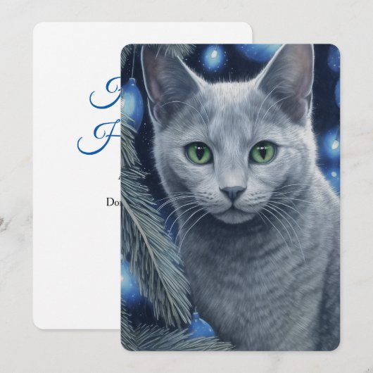 Grijs Russisch Blauw Kat Kerstmis of Chanoeka Feestdagenkaart (Voorkant / Achterkant)