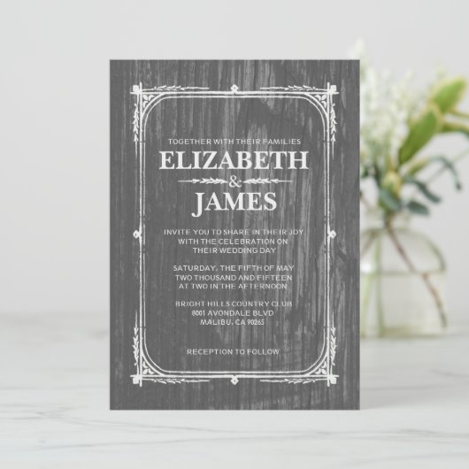 Grijs Rustic Barn Wood Wedding Invitations Kaart (Staand voorkant)