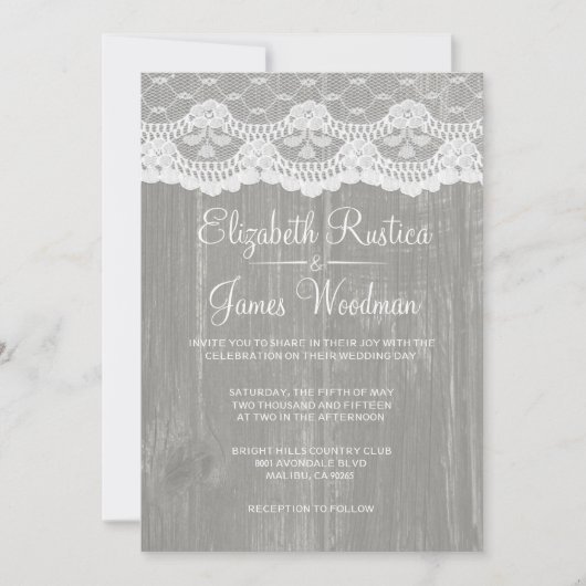 Grijs Rustic Lace & Barn Wood Wedding Invitations Kaart (Voorkant)