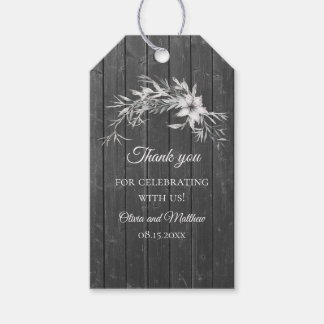 Grijs rustiek. Bloemen bruiloft hout schuur Dank u Cadeaulabel