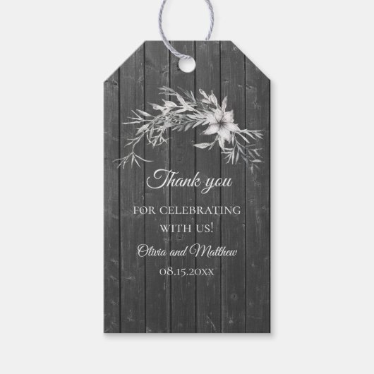 Grijs rustiek. Bloemen bruiloft hout schuur Dank u Cadeaulabel (Voorkant)