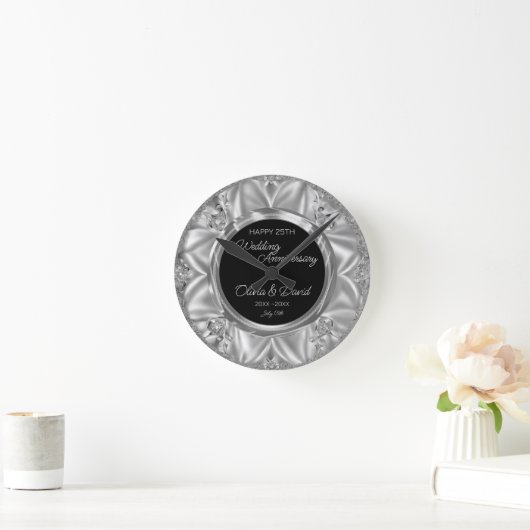 Grijs Satijn & Zilveren Diamanten Bruiloft Jubileu Ronde Klok (Huis)