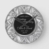 Grijs Satijn & Zilveren Diamanten Bruiloft Jubileu Ronde Klok (Voorkant)