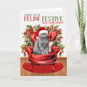 Grijs Schots Vouw Kerstmis Kat FELINE Feestelijk Feestdagen Kaart