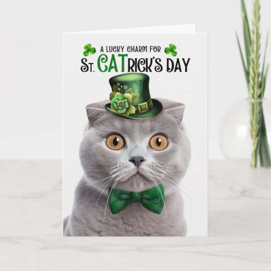 Grijs Scottish Fold Lucky Charm St CATrick's Day Feestdagen Kaart (Voorkant)
