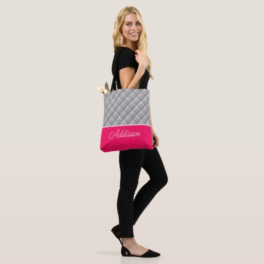 Grijs speldenstaafje en roze streep Canvas tas (Op model)