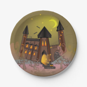 Grijs spookhuis en vampierenkasteel met Halloween Papieren Bordje